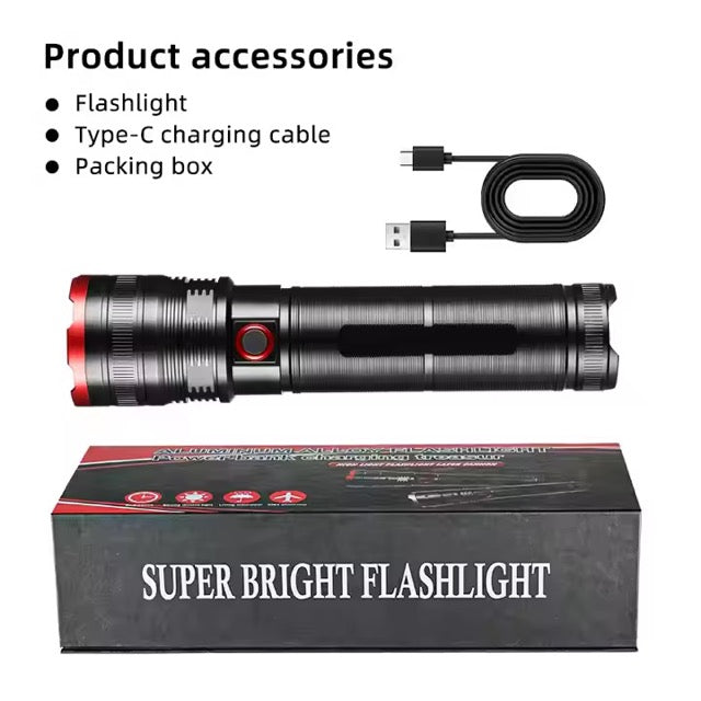 Super Bright Torch Light Type C Rechargeable Long Range Tactical Waterproof Flashlight with Zoom(5 Hours)