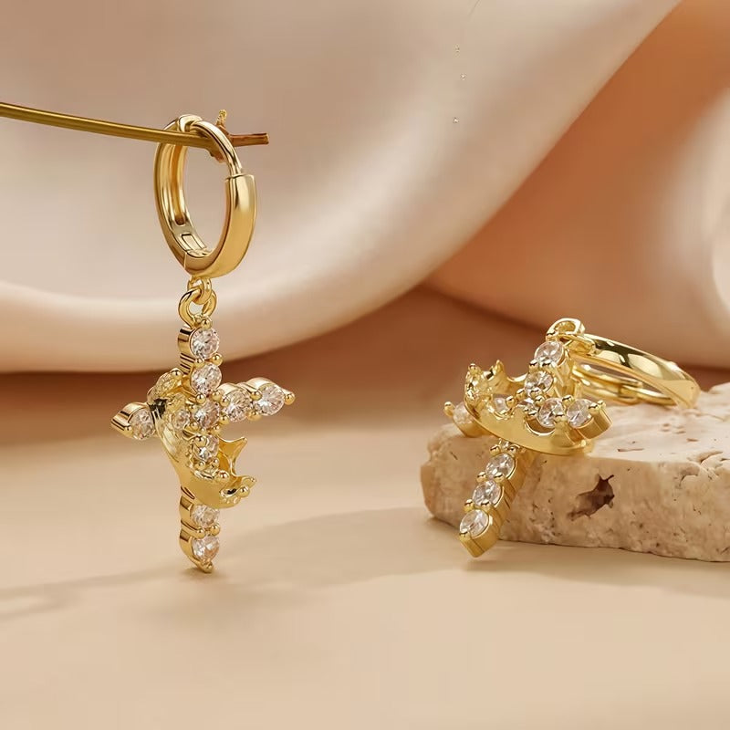 Golden Crown Cross Earrings Faith Jewelry