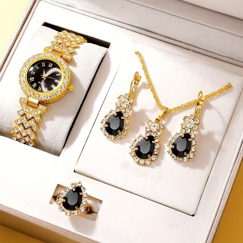 Auravia Gold Rhinestone Watch Jewelry Set 5pcs
