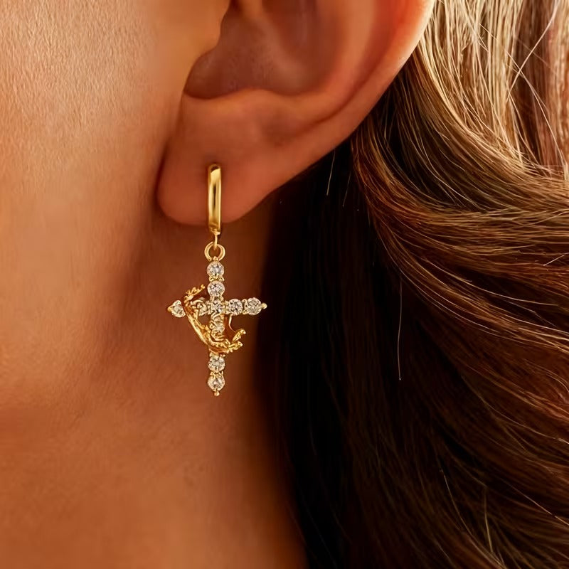 Golden Crown Cross Earrings Faith Jewelry