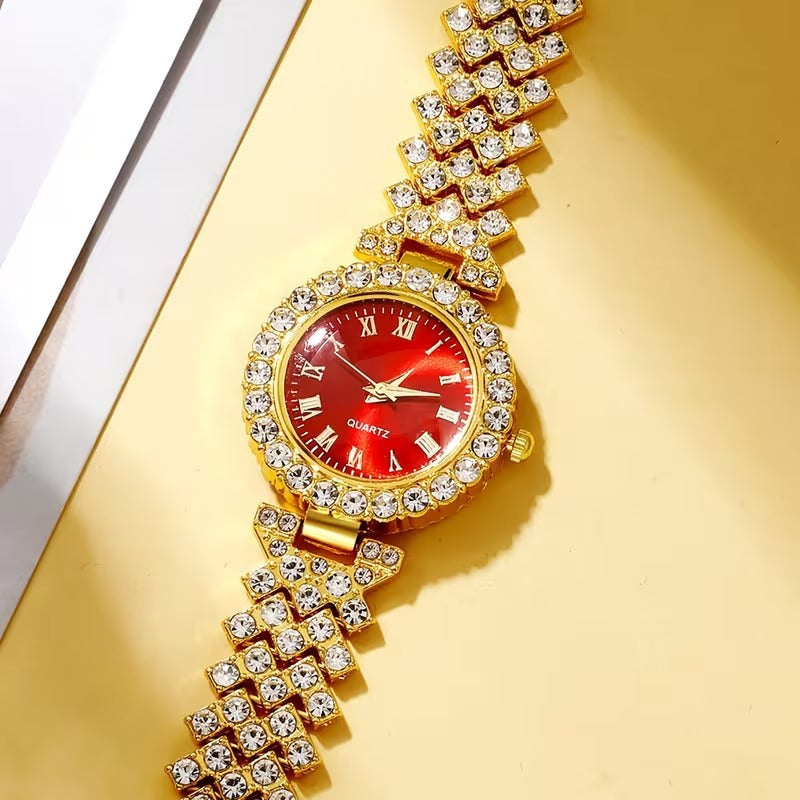 Valoria Heart Gold Quartz Watch Jewelry Set 5pcs Lux