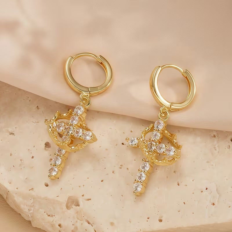 Golden Crown Cross Earrings Faith Jewelry