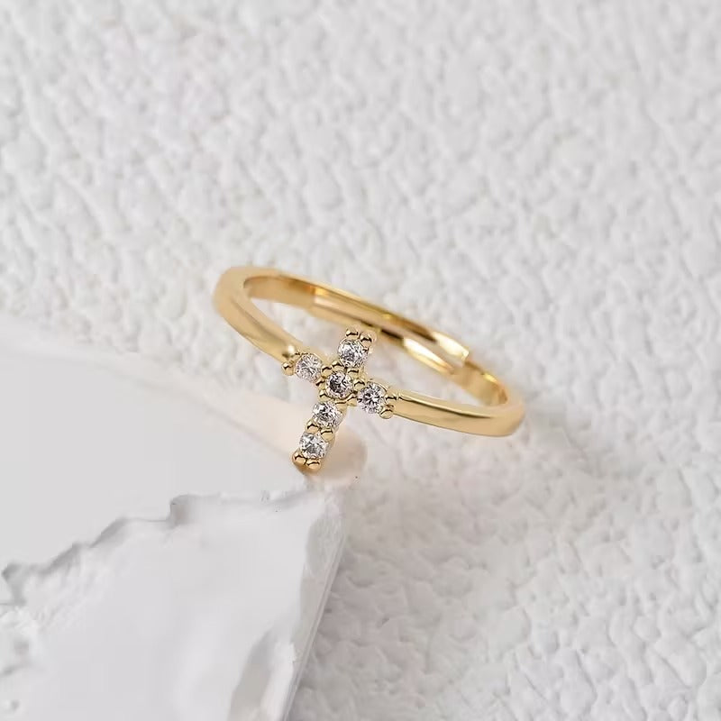 Elegant Golden Cross Ring Adjustable Stainless