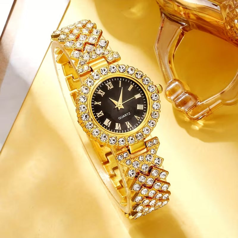Auravia Gold Rhinestone Watch Jewelry Set 5pcs