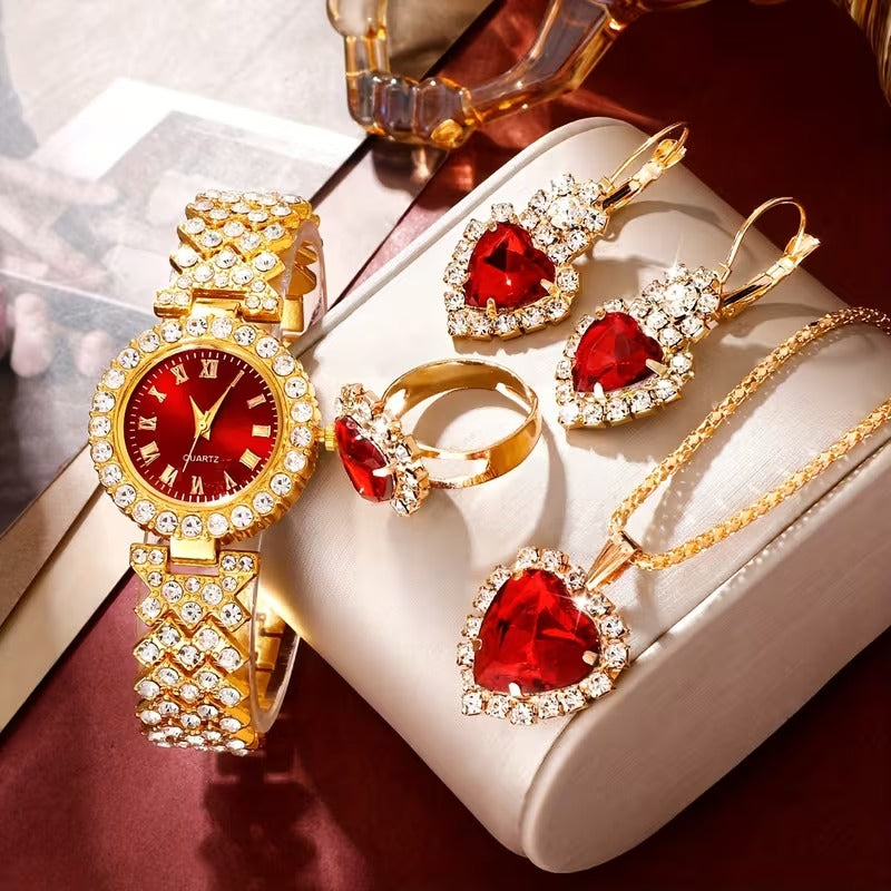 Valoria Heart Gold Quartz Watch Jewelry Set 5pcs Lux