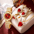 Valoria Heart Gold Quartz Watch Jewelry Set 5pcs Lux